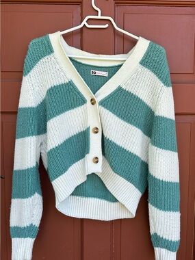 SO Striped Cropped V-Neck Button Cardigan — Teal & Cream